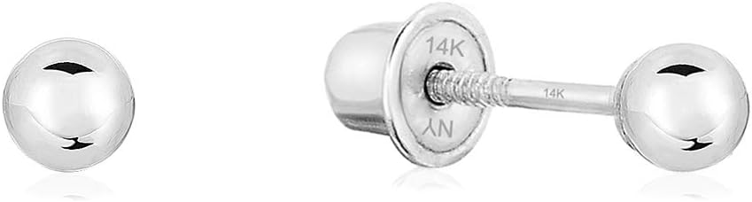 14k White Gold Ball Stud Earrings with Secure Screw-backs