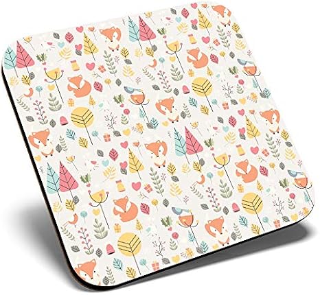 Great Single Coaster Square - Forest Fox Pattern Trees Birds Love Heart |Glossy Quality Coasters | Tabletop Protection for Any Table Type #45058 [Energy Class A+]