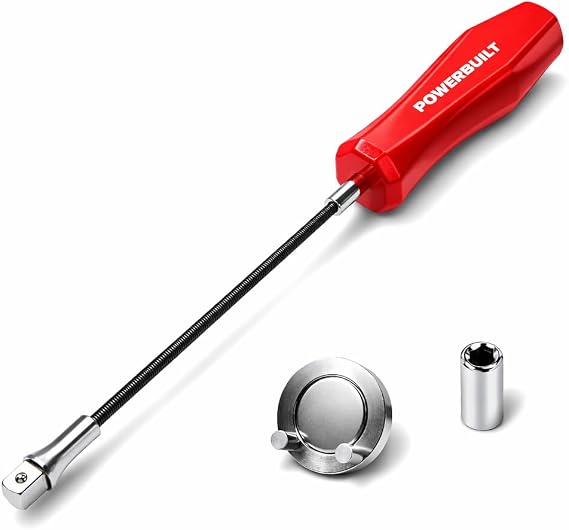 Powerbuilt Magnetic Oil Drain Plug Remover Tool, Flexible Shaft for Easy Reach, Hex Bit Magnet Adapter, Hold and Remove Plugs - Red 942072