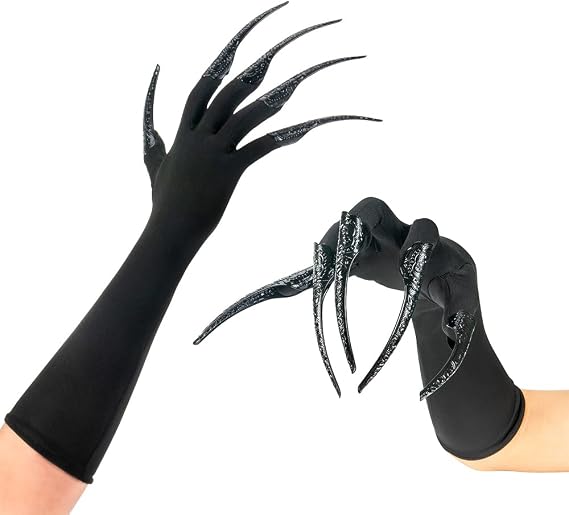 Xiao Cheng Ming Zhu Long Finger Claw Gloves Black paw gloves, scary vampire witch demon crow Halloween Cat nail rings Cosplay costume accessories For women costume (gloves & 10pcs claws)