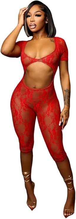 Women Sexy Mesh See Through Lace Jumpsuits Backless Cut Out Rompers Club Outfits