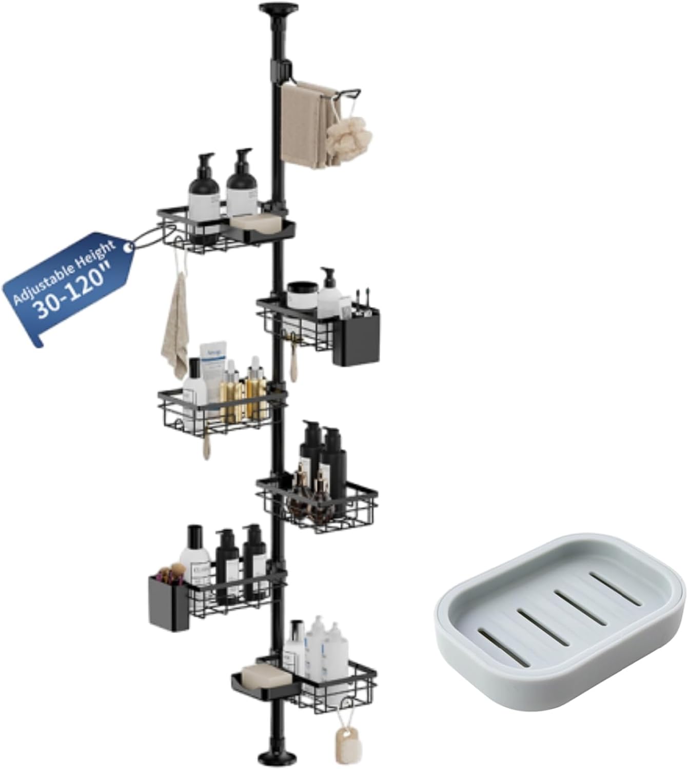 Corner Shower Caddy Tension Pole 6-Tier Bathroom Organizer with Towel Rack, Toothbrush Holder and Plastic Soap Box 30-120 Inch Adjustable Shower Rack for Inside Shower