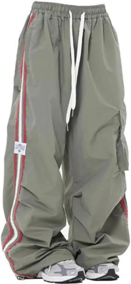 Y2K Kpop Cargo Pant Women Wide Leg Sweatpants Parachute Drawstring Pockets Punk Pants Baggy Striped Sports Trousers