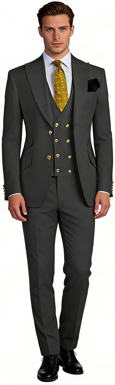 Men's Blazer Jacket Vest Pants 3 Piece Sets Elegant Peaked Lapel Double Breasted Tuxedo Formal Suit Wedding Party Prom Black