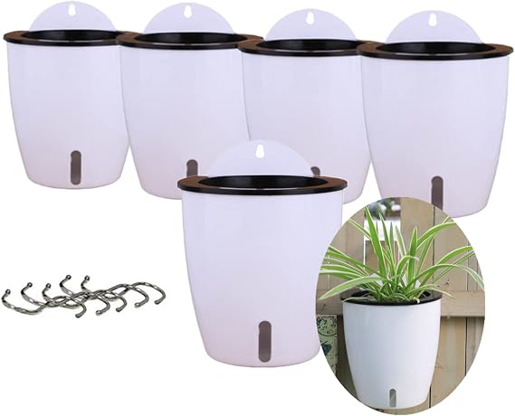 5 Pack Visible Water Level Self Watering Planter with Inner Pot,Hanging Planters,Wall Mounted Plants Holder,Small Flower pots Indoor Out Flowerpot with 5 Hooks for All House Plants (White)