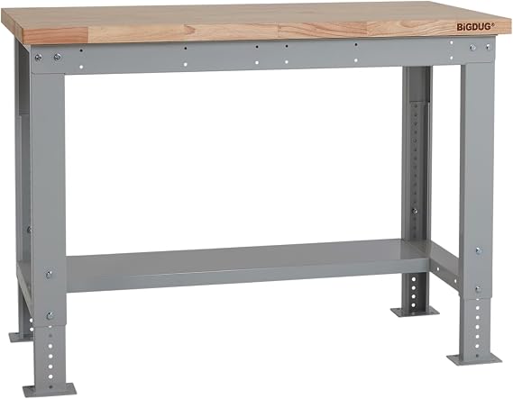 BiGDUG Height Adjustable Workbench - Heavy Duty Workshop Table - 877H x 1215W x 600D mm - Wood Worktop Half Depth Lower Shelf