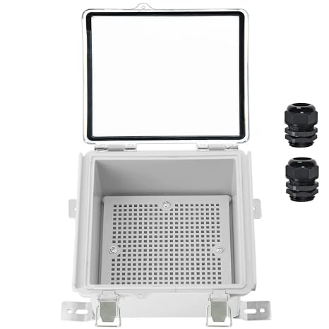 Zulkit Junction Box IP67 Waterproof Electrical Box Hinged Clear Cover Stainless Steel Latch Plastic Enclosure for Project w Mounting Plate Wall Bracket and 2 Cable Gland 5.9"x5.9"x3.5"/150x150x90mm