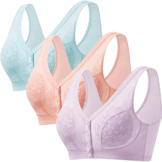 3Pack Women's Lace Easy-Open Front Closure Bra Cotton Front-Closure Comfort & Sleep Cozy Bra