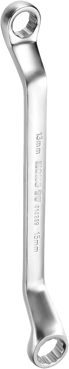 sourcing map Offset Extra Long Box End Wrench 13 x 15 mm Metric 12 Point 75 Degree Offset Double End Box Ratcheting Wrench Carbon Steel Polished Long Spanner Tools