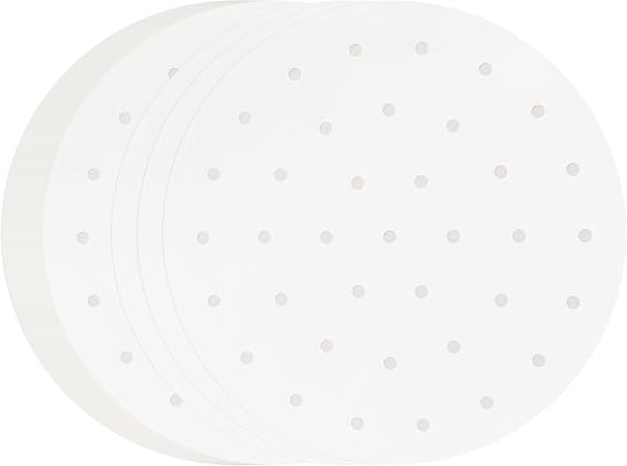 10 Inches Bamboo Steamer Liner, 50 PCS Round Air Fryer Parchment Paper with Holes for Air Fryer, White Non-Stick Steamer Liners