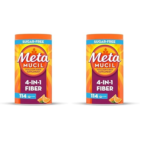 Metamucil, Daily Psyllium Husk Powder Supplement, Sugar-Free Powder, 4-in-1 Fiber for Digestive Health, Orange Flavored Drink, 114 teaspoons, 1.4 Pound Pack of 2