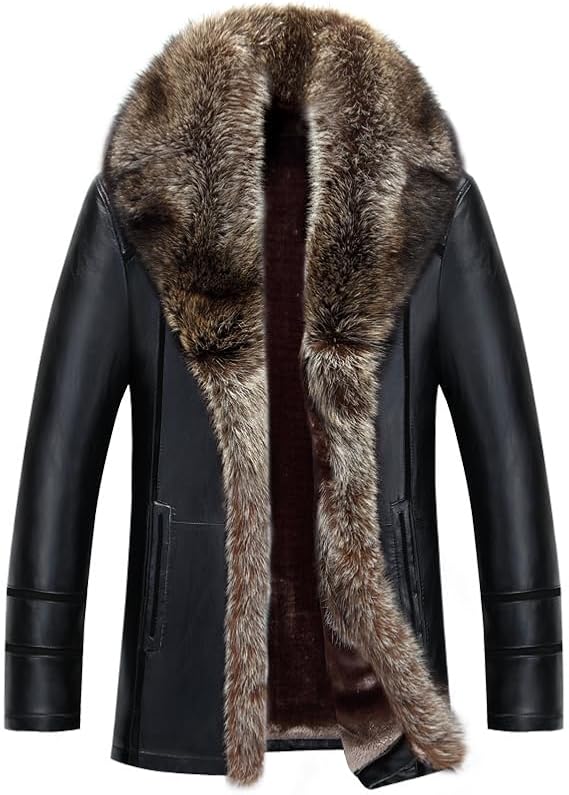 Mens Russian Style Shearling Coat - Real Leather Integrated Fur Plush Collar Bomber Winter Jacket For Men