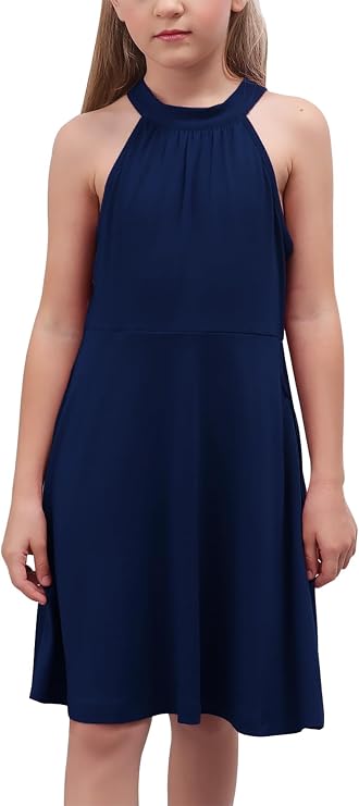 GORLYA Girl's Halter Neck Cold Shoulder Sleeveless Summer Casual Sundress A-line Dress with Pockets for 4-12 Years