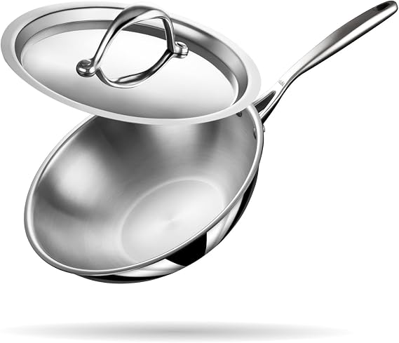 Stahl Triply Stainless Steel Wok with Lid I Tri Ply Deep Steel Kadai I Deep Fry Pan with Induction Base I Artisan 4722, Dia 22cm, 2 L (Serves 6 People)