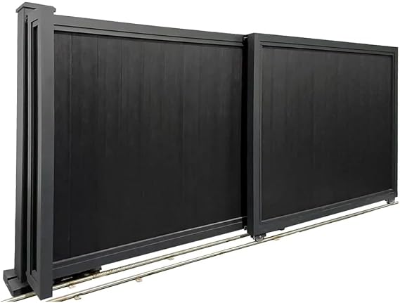 Mondaria Modern Double Sliding Gate Wood Plastic Composite Panels with Aluminum Alloy Frame, Driveway Entrance Gate, Rustproof & Weatherproof (6-12Ft)