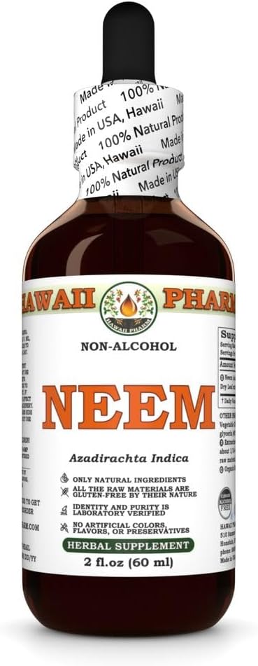 Hawaii Pharm Neem Alcohol-Free Liquid Extract, Professional Grade, Small Batch Neem (Azadirachta Indica) Dried Leaf Glycerite 2 oz