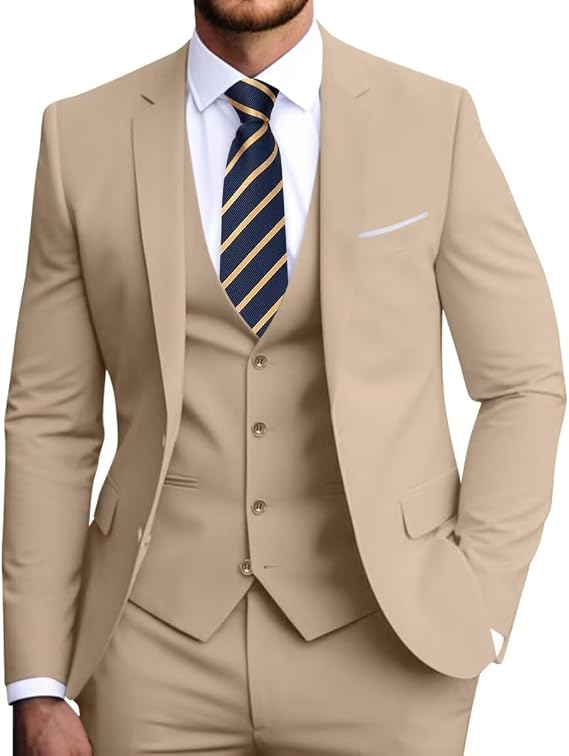 Men's Slim Fit 3-Piece Suit - Champagne, Beige - Formal Suit, Wedding, Prom, Tuxedo - Button Closure, Long Sleeve - Dry Clean Only