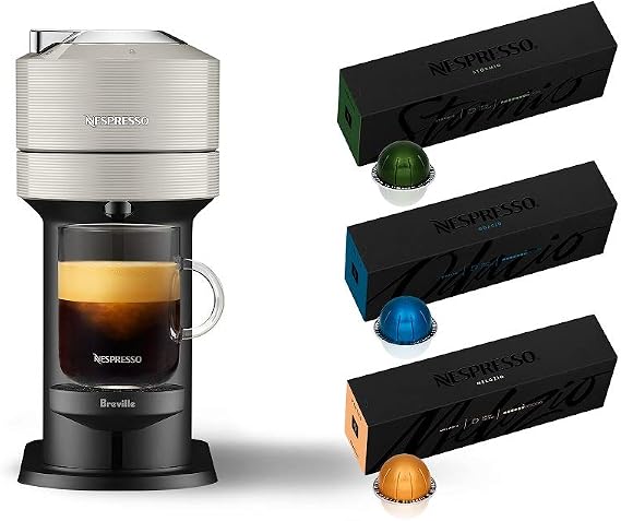 Nespresso Vertuo Next Coffee & Espresso Machine NEW by Breville, Light Grey, Coffee Maker and Espresso Machine + Nespresso Capsules VertuoLine Medium and Dark Roast Coffee, 30 Count Coffee Pods