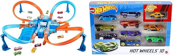 Ultimate Hot Wheels Crashing Action with the Criss Cross Crash Track Set! & Set Of 10 1:64 Scale Toy Trucks And Cars For Kids And Collectors (Styles May Vary)