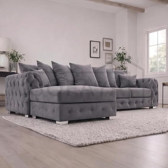 Sofaya Chesterfield Plush Corner L Shaped Sofa with Deep Tufted Buttons,Left or Right Hand Option – Chaise Sofa Couch with Scatter Cushions for Living Room (Light grey Plush, Fabric Swatch)