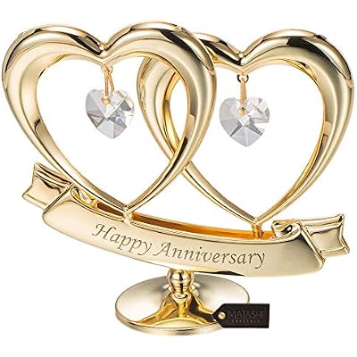 Matashi 24K Gold Plated Anniversary Heart Sculpture with Crystals Double Heart Statue - Perfect Christmas and Holiday Gift and Premium Quality Cake Topper