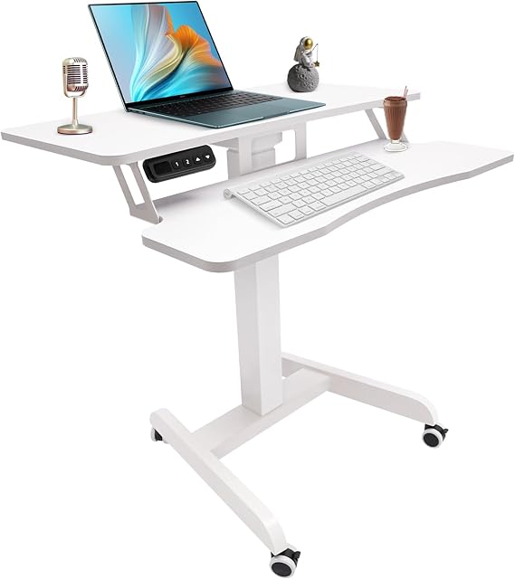 Electric Mobile Standing Desk, Rolling Electric Podium Desk, Height Adjustable, Laptop Sit or Stand Desk on Wheels, Keyboard Tray, Compact Design for Office, School, Home, Living Room