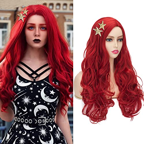 Princess Wig Long Curly Wavy Red for Women Halloween Costume Party Wig with Starfish Hair Clips