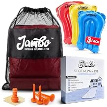 JAMBO 3-Pack Lawn Water Slide Bodyboards with Mesh Storage Bag Includes Slide Repair Patches, Ground Anchors & Hose Adaptors Bodyboards Set for Kids and Adults