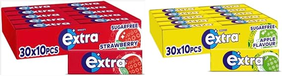 Extra Chewing Gum - 2 Cases with 30 Packs of 10 Pieces (600 Total) - Strawberry and Apple