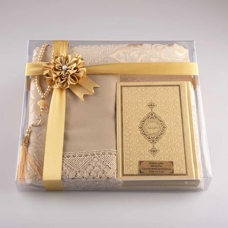 Şal + Seccade + Tesbih + Kuran Hediye Seti (Çanta Boy, Gold)