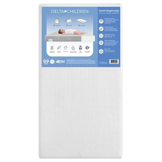 Delta Children Sweet Beginnings Dual Sided Baby Crib Mattress and Toddler Mattress, GREENGUARD Gold and CertiPUR-US Certified, Firm Plant-Based Foam, Waterproof, Made in USA, White