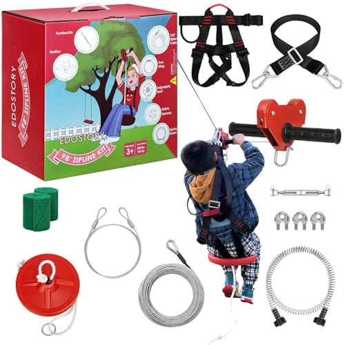 EDOSTORY 98 Feet Backyard Zip Line Kit for Kids and Adult Up Outdoor to 330lb with Stainless Steel Ziplines Spring Brake and Safety Harness, Christmas and Birthday Gifts for KidsRed