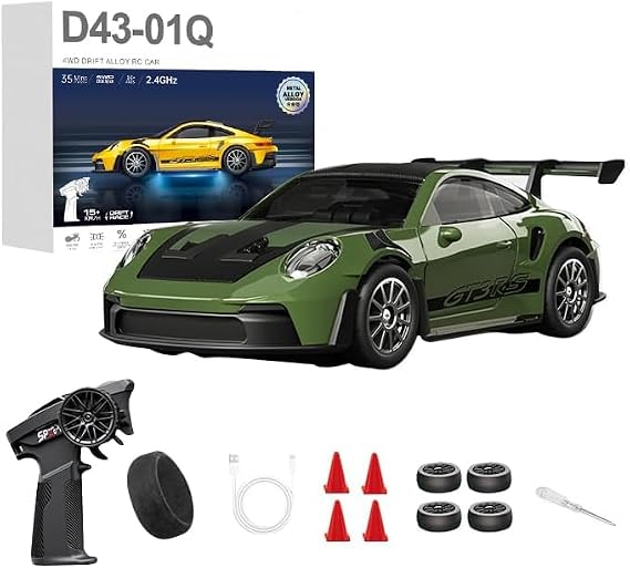 1:43 Scale RC Drift Car With Gyro 2.4G Full Proportional 4WD Alloy Remote Control Racing Sport Car Silent Bearings, Adjustable Speed, LED Lighting For Adults