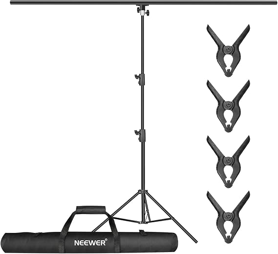 Neewer T-şeklinde arka plan destek seti, 2,6 m yüksek ayarlanabilir tripod standı ve 1,5 m genişliğinde çapraz çubuk, 4 yaylı kelepçe ve 1 taşıma çantası ile stüdyo, fotoğraf, video, fotoğraf için