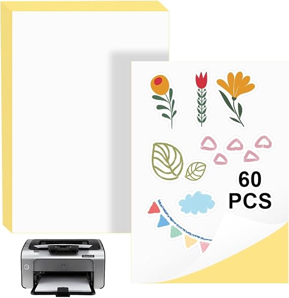 60Pcs Sticker Paper for Printer A4,Printable Sticky Labels for Printing | Waterproof White A4 Vinyl Sticker Paper,Vinyl Inkjet Film Decal for Shipping Labels,DIY Stickers and Home Use
