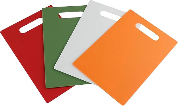 4-Piece Small Plastic Cutting Board with Handles | BPA Free, 11.73 x 7.79 Inch, White Orange Red Green, Thin Lightweight Design, for Separate Meat Fruit Veg Prep