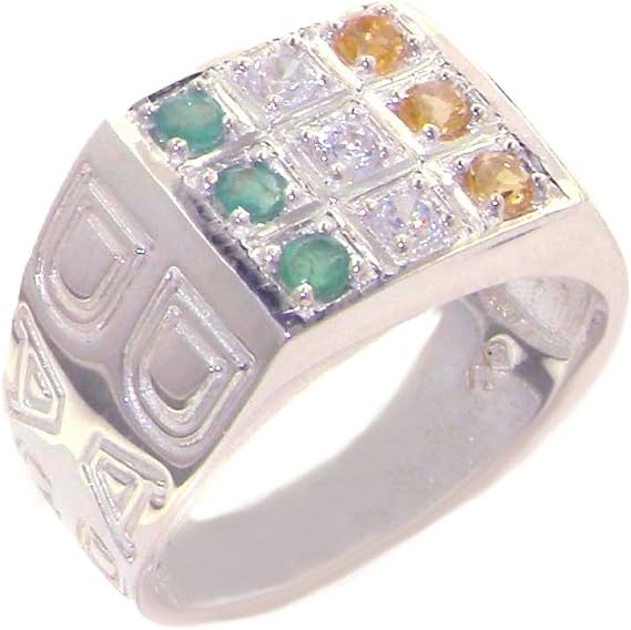 Solid 925 Silver Natural Emerald, Citrine & CZ Irish Flag Dad Mens Ring