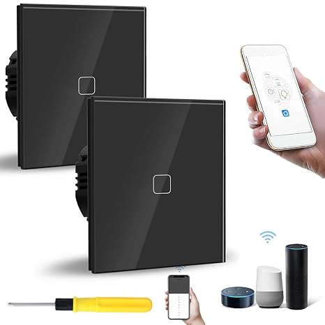 WiFi Smart Light Switch - Touch Panel 1 Gang 1 Way Black Glass, Pack of 2, Compatible with Alexa & Google Home Voice/App Control