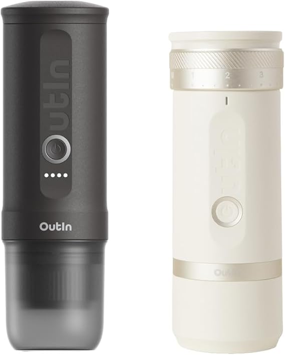 OutIn Nano Portable Electric Espresso Machine with Fino Portable Electric Coffee Grinder, White & Grey