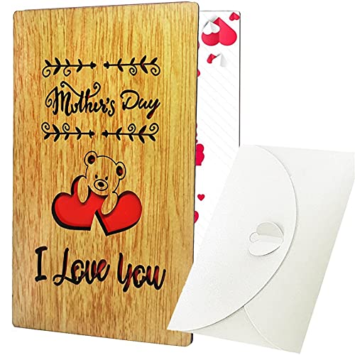 CAMIRUS I Love You Wooden Greeting Cards, Mothers Day Bear Wooden Card, Bamboo Handmade Cards for Mothers Day Birthday Valentenes Day Gift Idea from Daughter Son