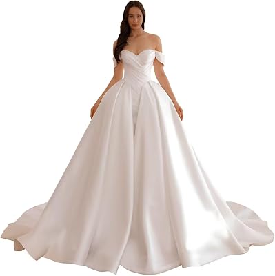 A-Line Ruffled Long Satin Prom Dress with Train,Off The Shoulder Wedding Dress Ball Gown with Slit for Women