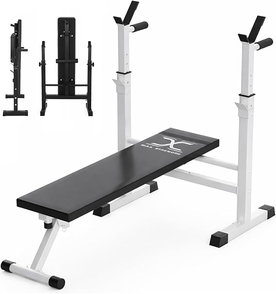 MAXSTRENGTH Weight Bench with Adjustable Barbell Rack Height Multifunctional Foldable Home Gym Exercise Dip Station Workout Incline Decline Flat Bench Press Fitness Training