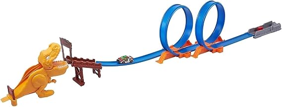 T Rex Attack Playset, Exciting Track Layout, Durable Construction, Fun Playset, Mini Racing Cars, Realistic T-REX Figure, Dynamic Double Looping Track