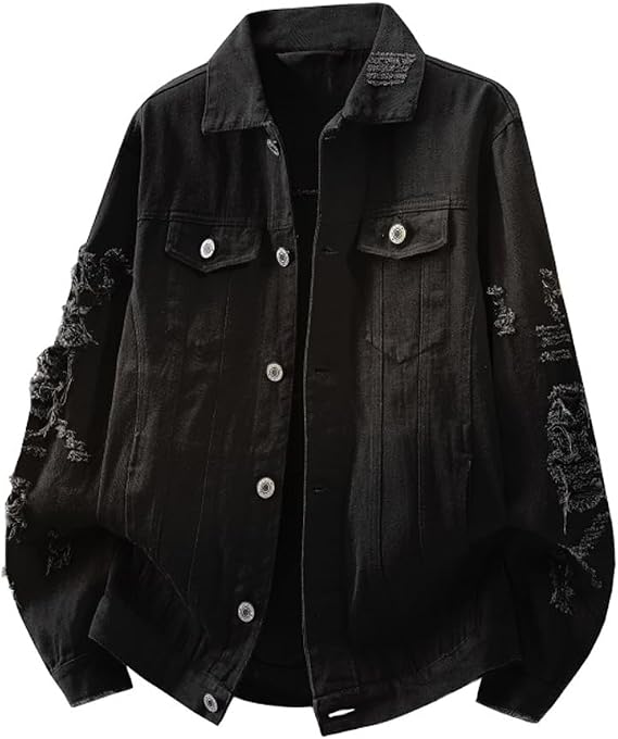Men's Denim Jacket Ripped Distressed Jean Jacket Rugged Trucker Jacket Lightweight Coat