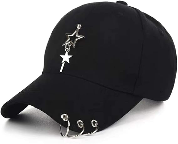 K-pop Metallic Fitted Cap with Ring Chain, Unique Design, Star Embellishment