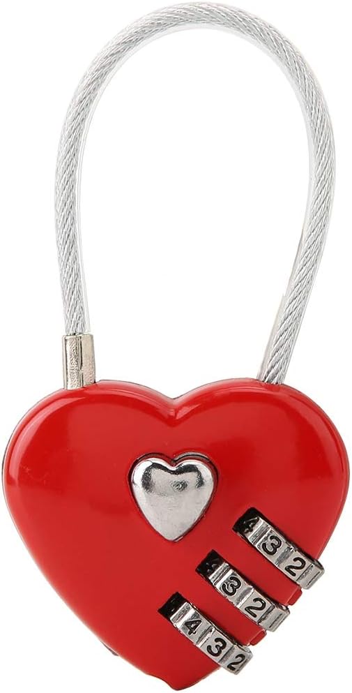 Heartshaped 3-Digit Code Combination Lock for Luggage, Bag Lock, Password, Security Padlock, Compact Size, Easy to Use (Red)