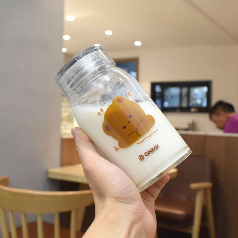 JHTPSLR Kawaii Clear Water Bottle Cute Aesthetic Brown Bear Water Bottle with Strap Heat Resistant Borosilicate Glass Water Bottles for Women Teen Girls School Sports Travel Housing Bear