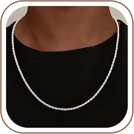 925 Sterling Silver Diamond Cut 3mm 4mm Rope Chain, Exquisite Men's Silver Chain Necklace, Ideal Present for Men, Dads and Boyfriends