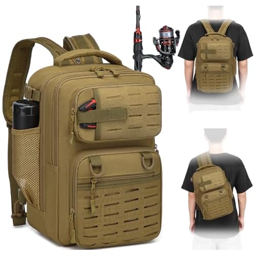 Fishing Tackle Backpack with Rod Holder, Lightweight Fishing Backpack for Men and Women, 25L Water-Resistant Fish Bag Store Fish Gear, Brown