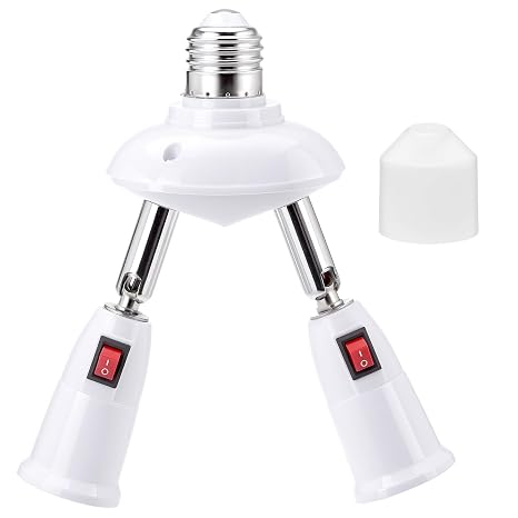 QWORK 2-in-1 Light Socket Extender, E26/E27 Bulb Extension Holder, 360 Adjustable Dual Sockets, for LED, Security Cameras